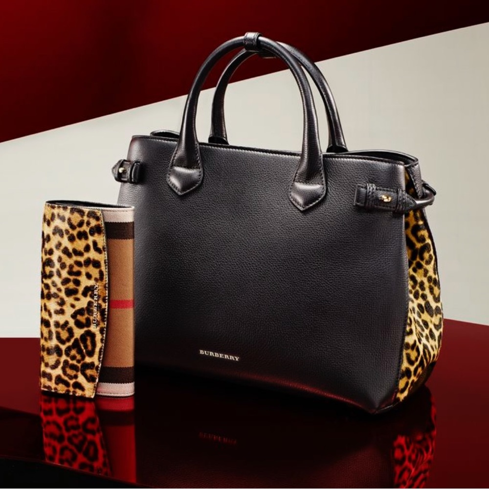 Burberry Grainy Calfskin Leopard Print Medium Banner Tote Black